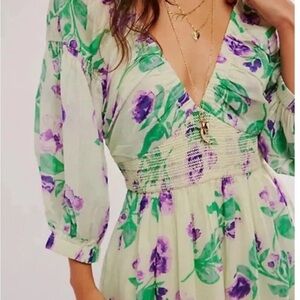 Free People Ruched Plunge Dress in Purple and Green xs